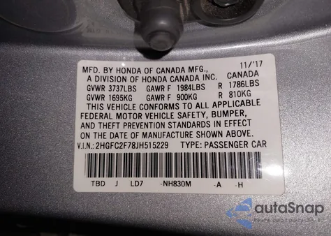 2018 Honda Civic Ex z USA, uszkodzony, nr VIN 2HGFC2F78JH515229